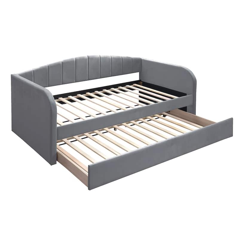 Keo Daybed with Pull Out Trundle, Channel Tufted Modern Gray Velvet