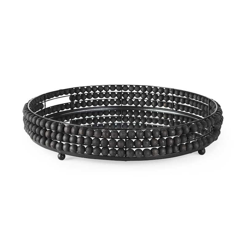 Decatur I White Wooden Beads w/ Mirrored Base Round Tray - 21.3L x 21.3W x 3.9H - Black