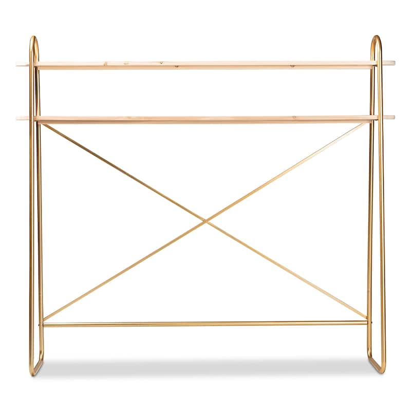 Merida Gold Metal and Brown Wood 2-Tier Over Bed Queen Size Shelf