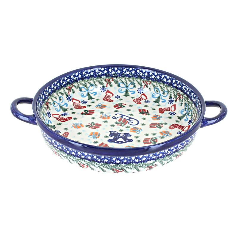 Blue Rose Polish Pottery 152 Vena Small Round Baker with Handles - Christmas Bounty