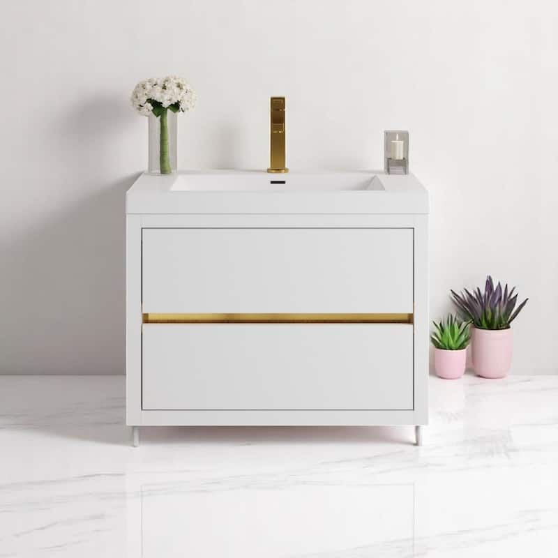 24"/30"/36" Wall-Mounted Bathroom Vanity with Sink, Floating Cabinet, Stone Resin Countertop, Glossy White, Soft-Close Drawers - 30