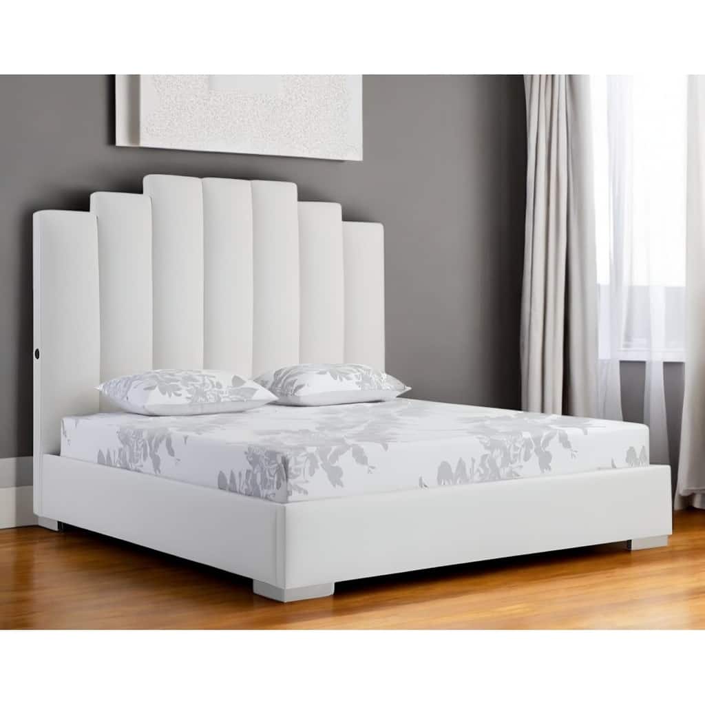 HomeRoots White Wood And Faux Leather Queen Bed Frame with USB