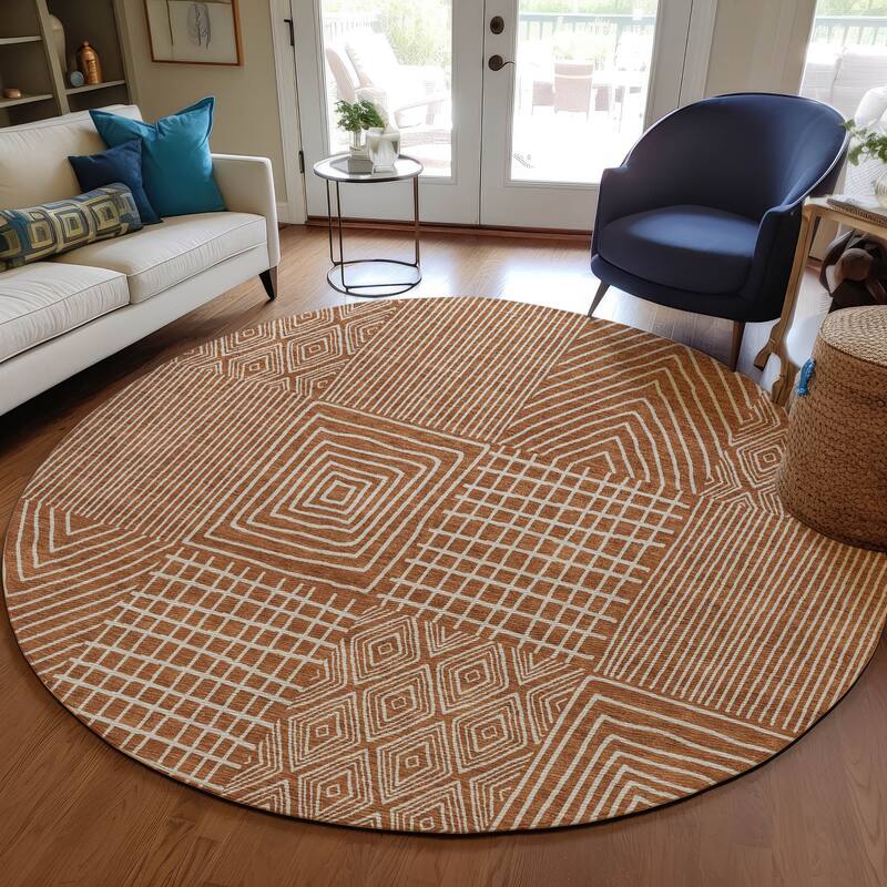 Machine Washable Indoor/ Outdoor Geo Patchwork Chantille Rug - Paprika - 8' x 8'