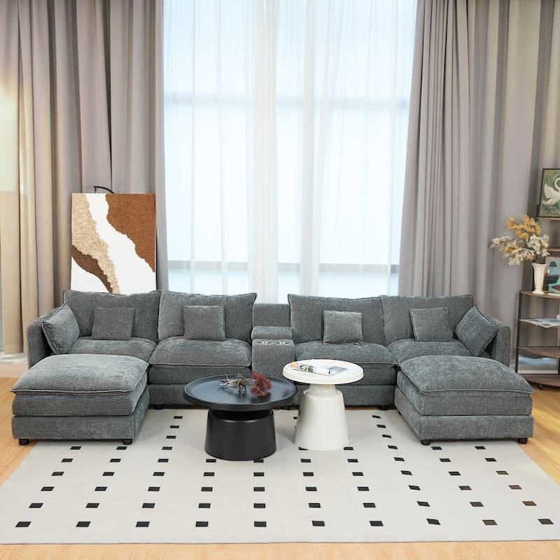 144" Modular 6-Seat U-Shaped Sectional Sofa with Movable Ottoman and Console, Cup Holders - Grey