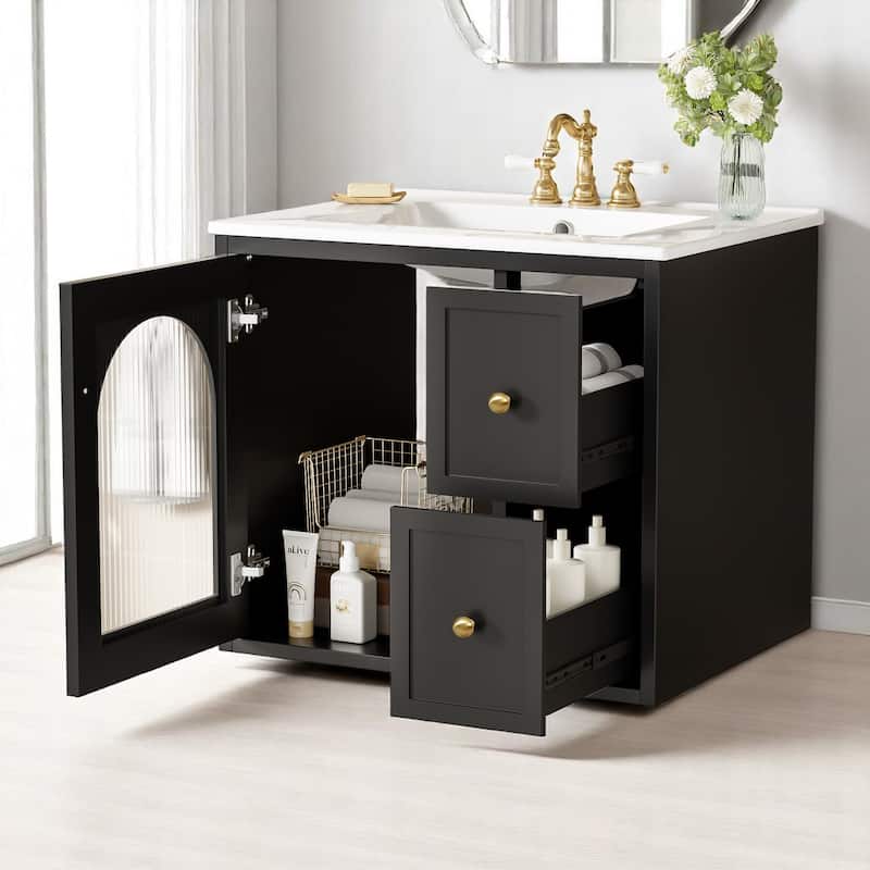 Modern 24 Inch Bathroom Vanity with Sink, Floating Cabinet with Storage Drawers and Glass-Door Compartment