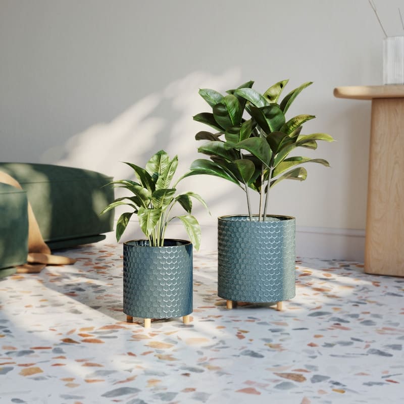 Rhys Blue-Green Indoor Metal Pot Planter With Peg Leg Base Set - 8.75"H x 8"W x 8"D