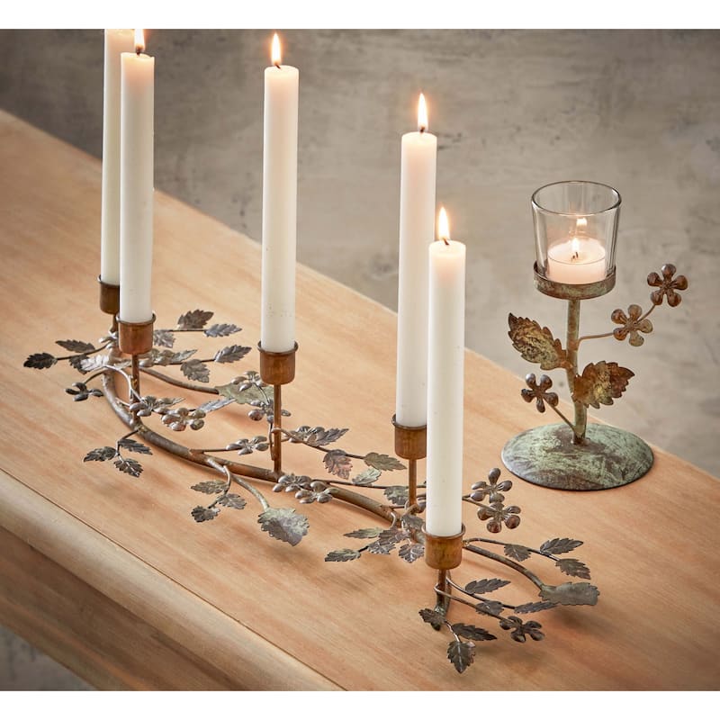 Flower Vine Metal & Glass Votive Candle Holder, 5.0L x 4.0W x 5.5H inches - Gold