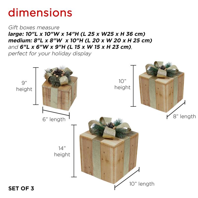 Alpine Corporation 3-Piece Decorative Wooden Christmas Gift Box Set with LED Lights