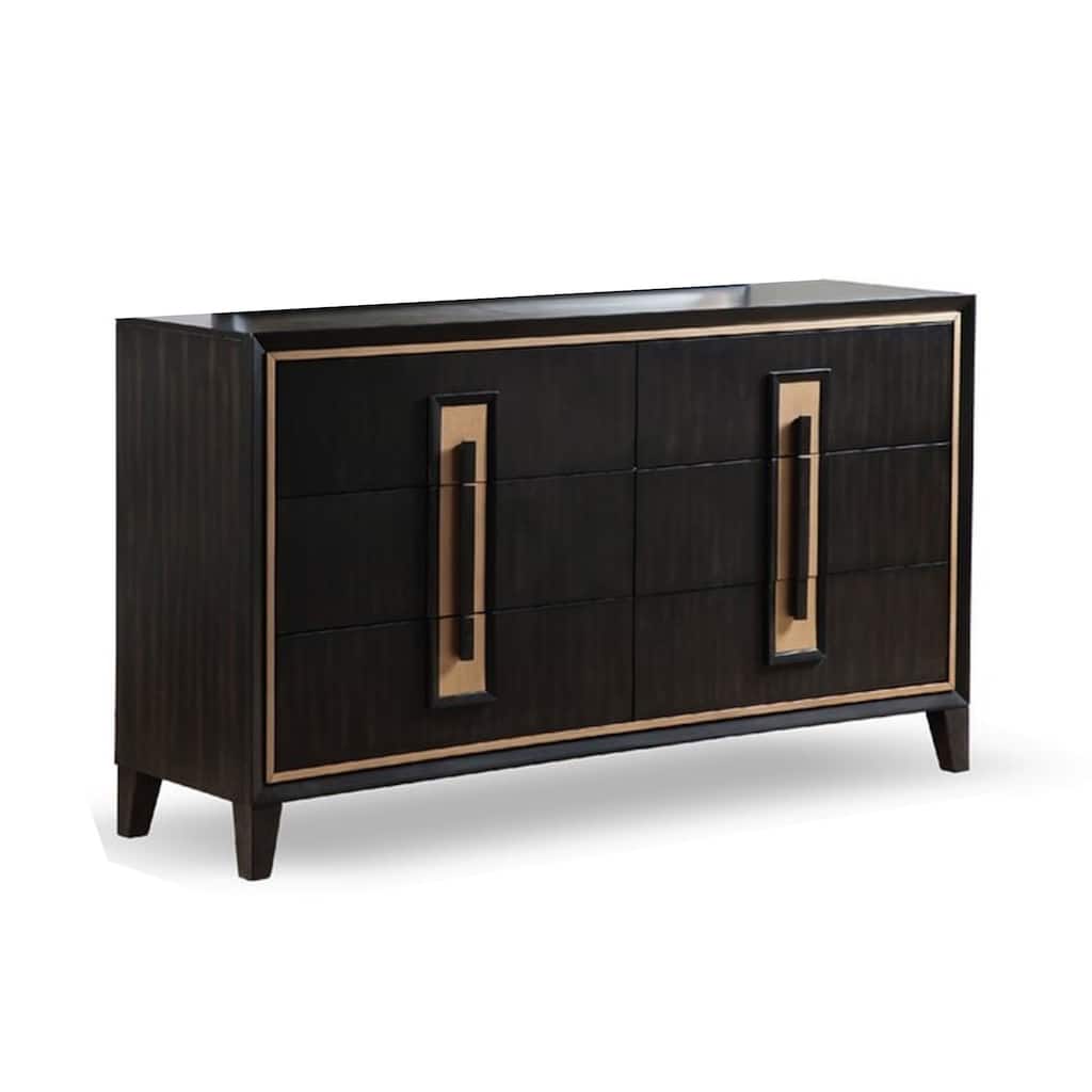 Yada Wide Dresser, 6 Drawers, Espresso Brown Solid Wood, Gold Metal