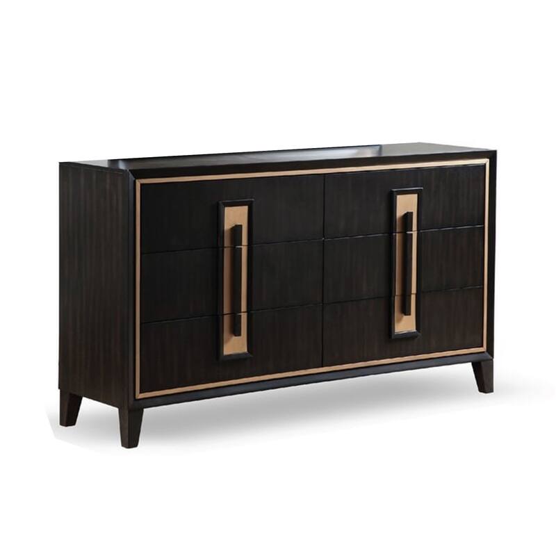 Yada Wide Dresser, 6 Drawers, Espresso Brown Solid Wood, Gold Metal
