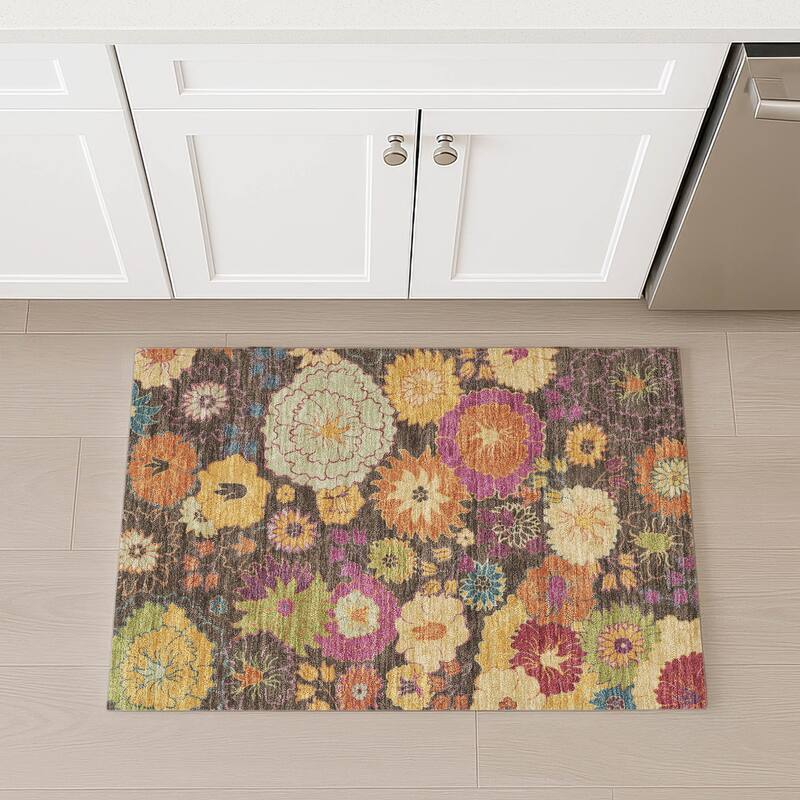 Machine Washable Indoor/ Outdoor Modern Floral Chantille Rug