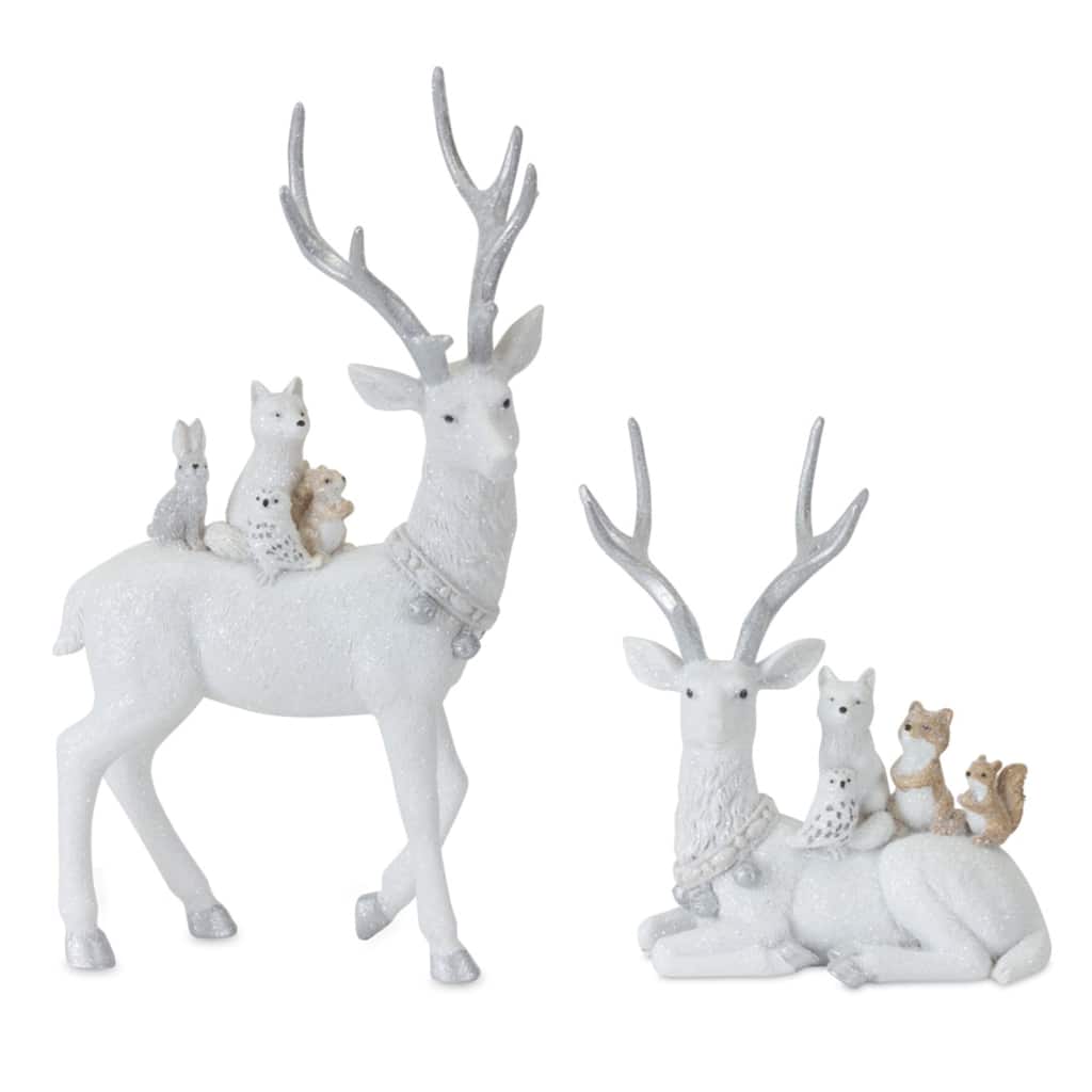 Set of 2 White Deer with Animals Christmas 6 Piece Tabletop Figurines 11.5"