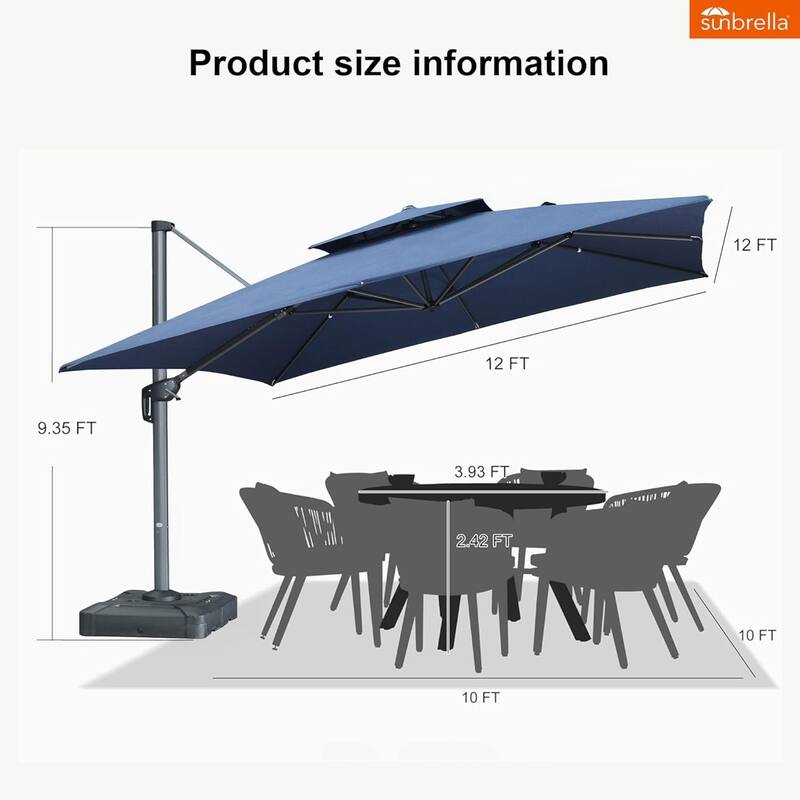 PURPLE LEAF 10/12 ft Square Heavy Duty Large Offset Hanging 360°Rotation Patio Cantilever Umbrella with Base