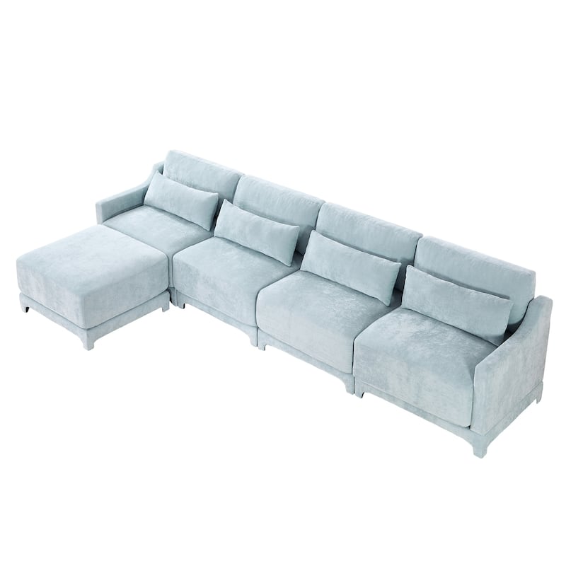141.7" Chenille Modular 4-Seater Sofa with Movable Ottoman, High-Resilient Sponge, and Ergonomic Wooden Base