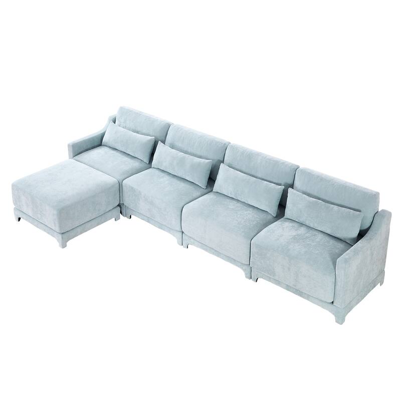 Modern Chenille 4-Seater Sofa with 2 Ottoman, Lumbar Cushions, Ergonomic Backrest, High-Resilience Spongeand Tufted Armrests