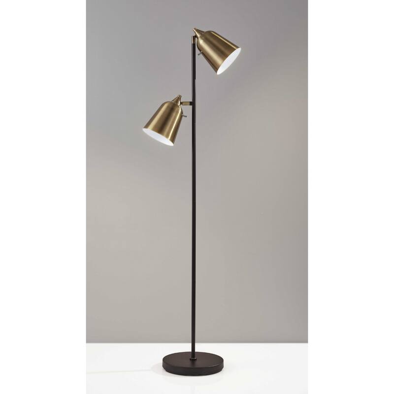 Black Metal Two Light Task Floor Lamp with Antiqued Brass Cone Shades Push Switch - 15” x 16” x 57.5” (D x W x H0