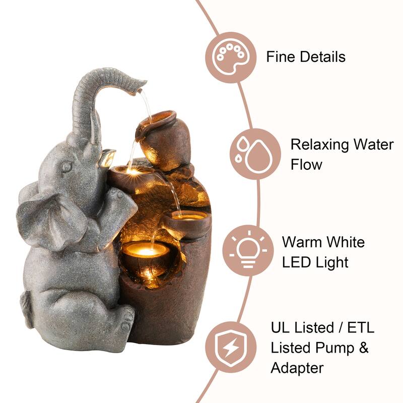 Glitzhome 4-Tiered Dogs or Elephant and Pot Polyresin Outdoor Fountain with Pump and LED Light