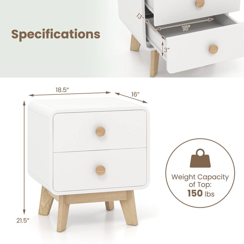 Costway 1/2 PCS Nightstand Mid Century Modern Bedside Table with 2