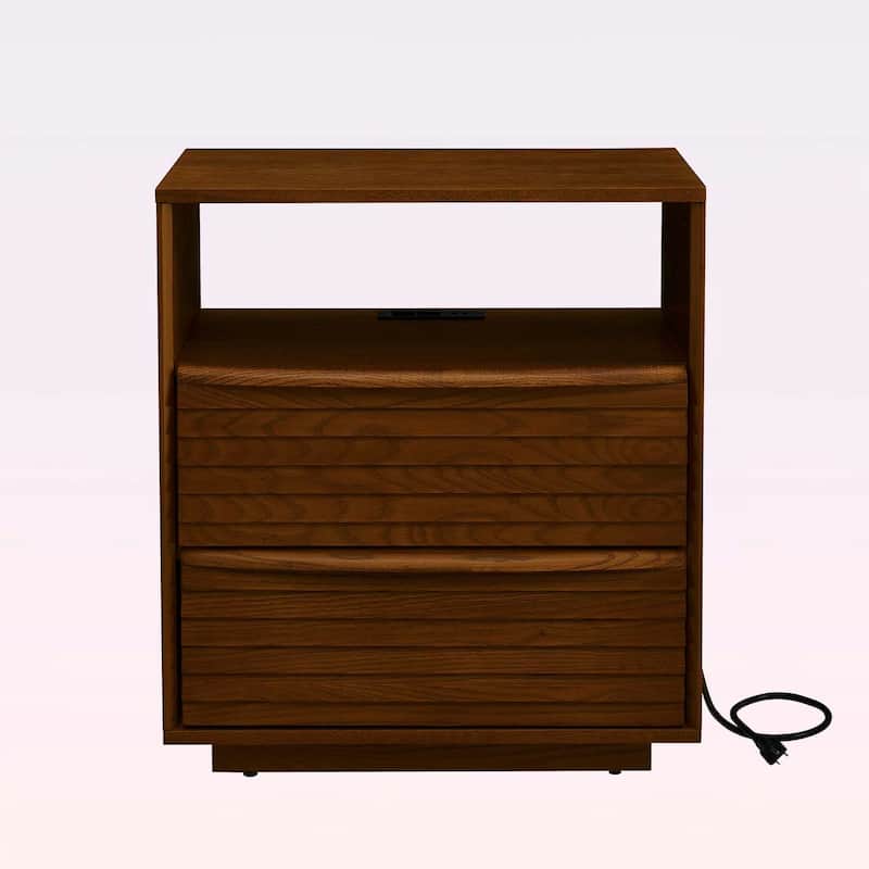 Mid Century Nightstand with Charging Station,Outlet,and 2 Wood Drawers,Louver Design for Living Room,Dorm