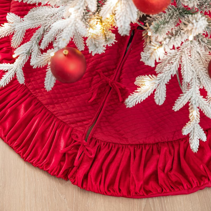 Glitzhome 48"D Deluxe Burgundy Velvet Ruffled Christmas Tree Skirt