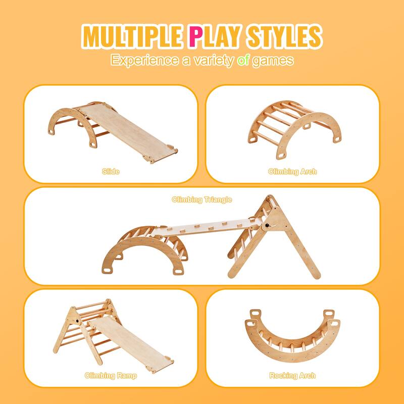 Pikler Triangle Set, Toddler Climbing Toys Indoor Playground, Ramp, and Arch, Montessori Climbing Set with Triangle
