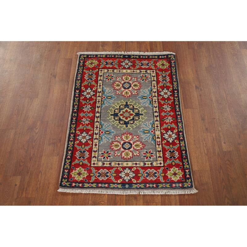 Hand Knotted Oriental 100% Wool Carpet Traditional Geometric Greys & Charcoal Kazak Area Rug - 2' 9'' X 2' 1''