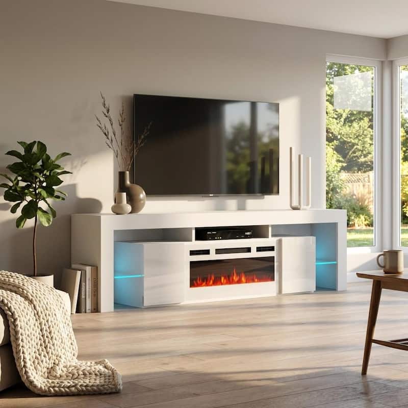 Meble Furniture Soleo WH-EF 79" E-Fireplace TV Stand - Hi-Gloss Entertainment Console with Adjustable