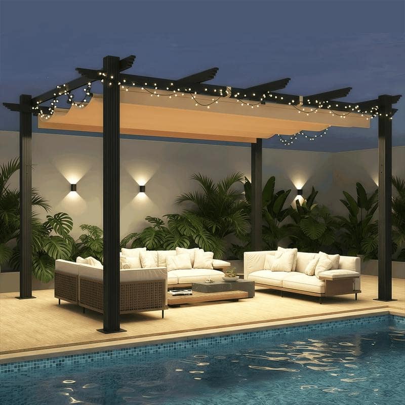 EROMMY 10' x 13' Outdoor Pergola with Retractable Canopy, Heavy-Duty Metal Frame and Adjustable Patio Shade Roof
