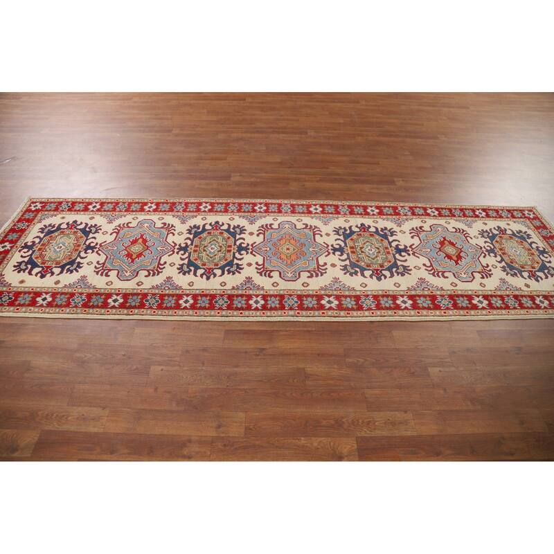 Geometric Kazak Oriental Runner Rug Handmade Foyer Wool Carpet - 2'8" x 9'7"