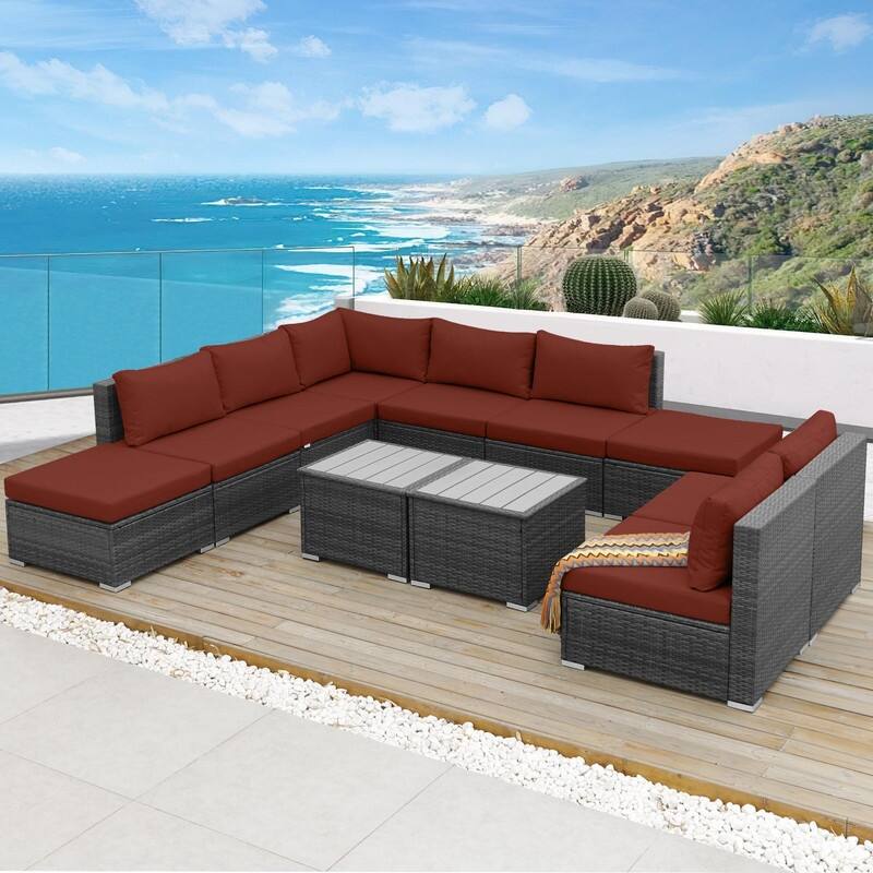 FINCATI Outdoor High-back Wicker Patio Sectional Set, 500 lbs Luxury Oversized Conversation Set, Spacious Couch Set - 162002 - Burgundy