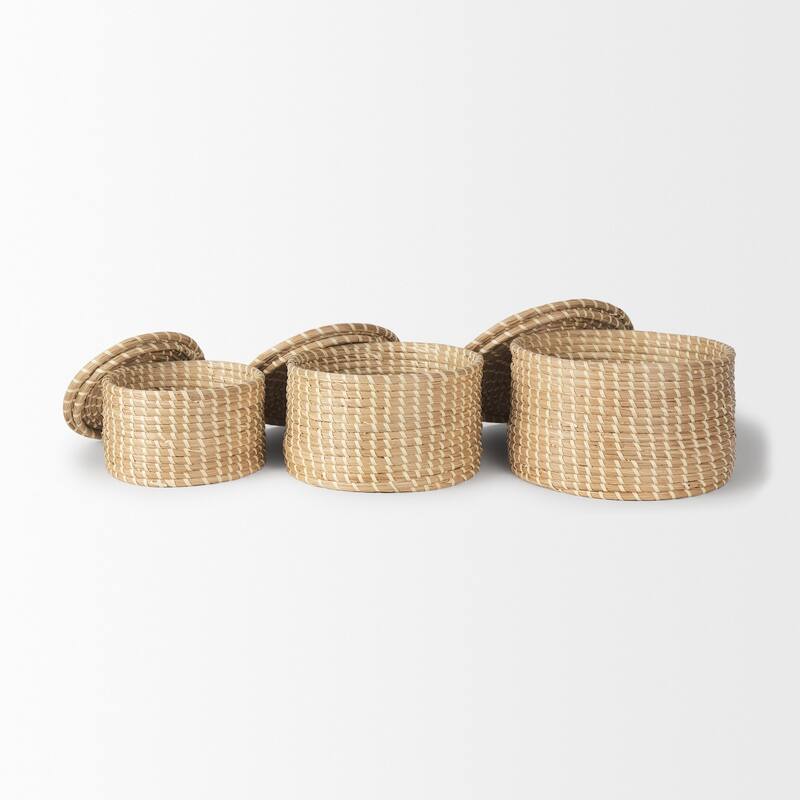 Kailini Light Brown Seagrass & Palm Leaf Round Nesting Boxes w/ Lids (Set of 3)