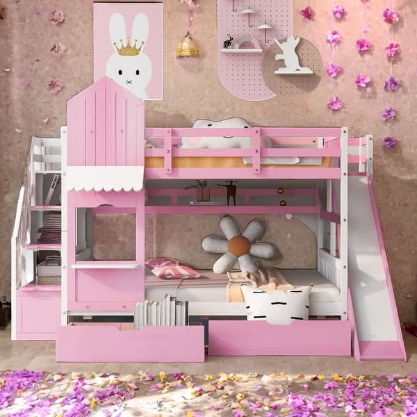 slide 2 of 40, Full-Over-Full Castle Style Bunk Bed with 2 Drawers 3 Shelves and Slide - Pink Pink