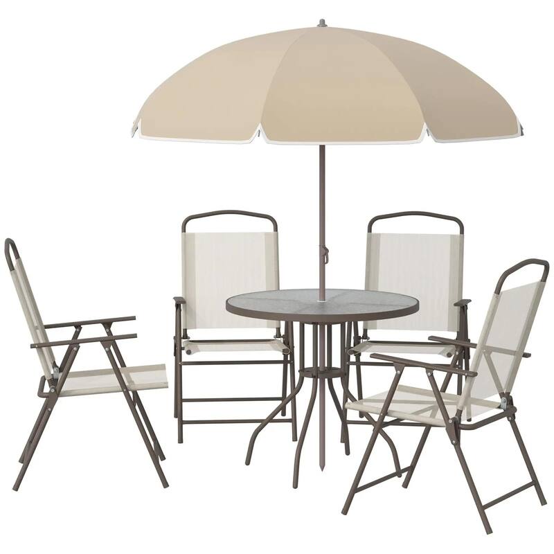 6-Piece Patio Dining Set, 4 Folding Chairs, Glass Table, Umbrella
