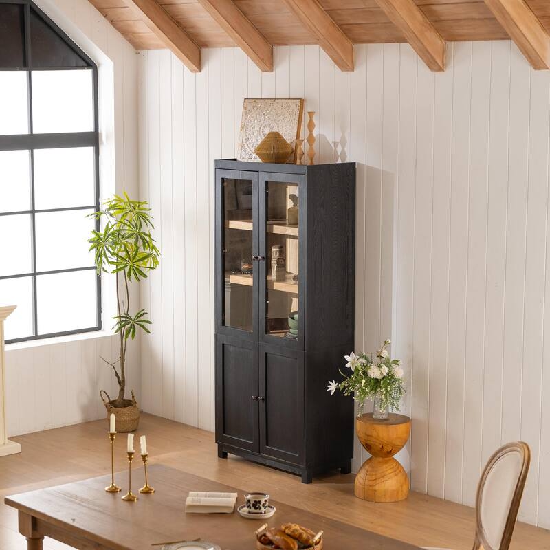 74.5''HDisplay Cabinet Bookcase with Storage, , Mid-Century Modern Bookshelf Curio Cabinet for Hallways