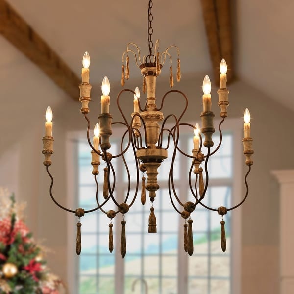 slide 2 of 47, Farmhouse Wood 9-Light Chandelier French Country Classic Candle Light for Dining Living Room