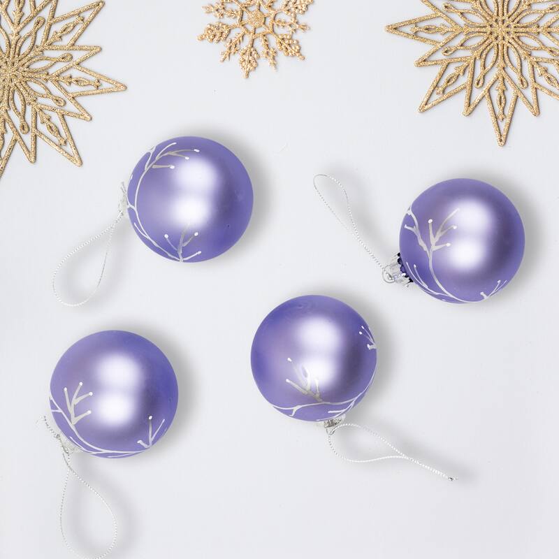4Ct Matte Purple Glass Ball Christmas Ornaments Branch Design 2.5"