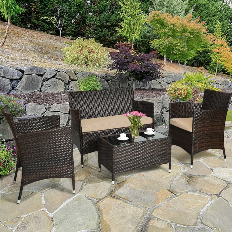 Rattan Patio Conversation Furniture Set with Glass Table and Comfortable Sofa - 4 Pcs