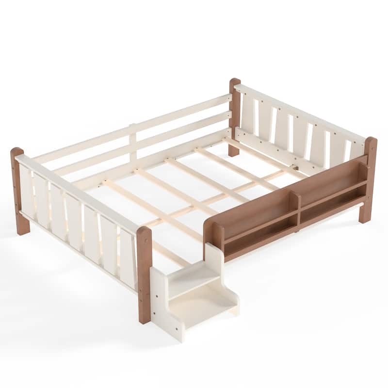 Full/Twin Floor Bed with Storage Bookcases & Cute Stairs - Solid Wood Kids Bed, No Box Spring