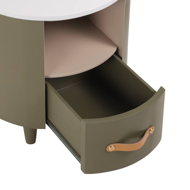 Round Nightstand with Drawer & Open Shelf, Nightstand with Leather Handle & Tapered Legs, Large Capacity Sofa Side Table
