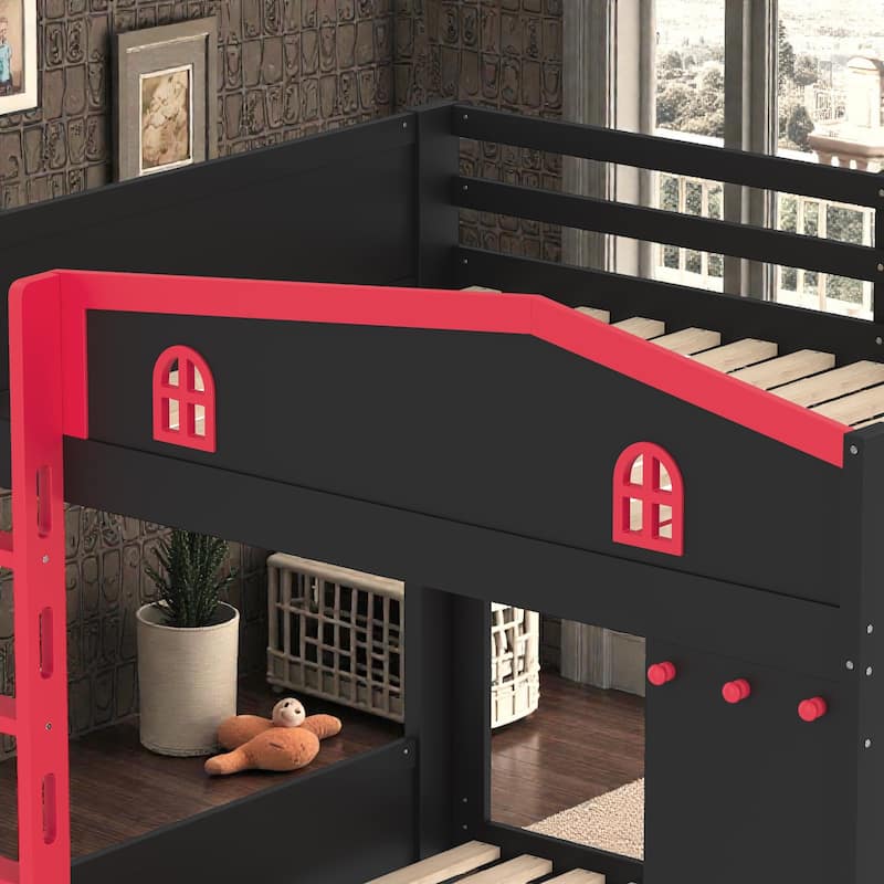 Solid Wood Bunk Bed with Trundle and Storage Shelves, Full Over Full/Queen Over Queen Bunk Bed with Hooks