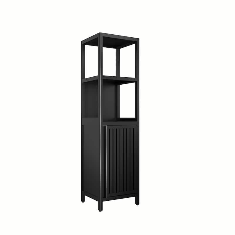Bamboo Storage Cabinet with Doors and Open Shelves, Narrow Freestanding Tower Cabinet Accent Cabinet