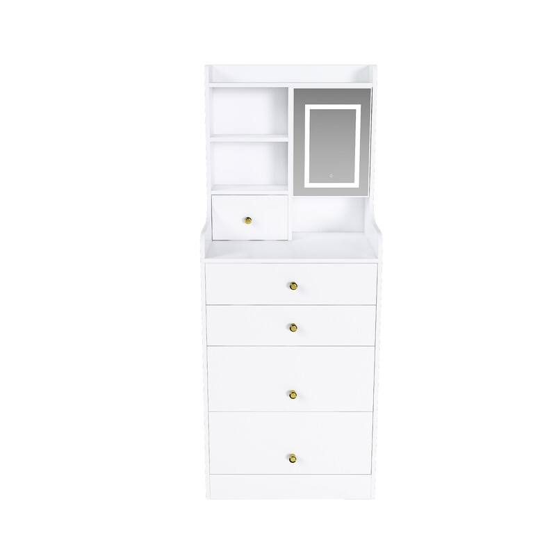 3-in-1 Dressing Table with LED Mirror & Storage Stool - Compact Makeup Vanity with 4 Drawers, Storage Cabinet & Hidden Stool