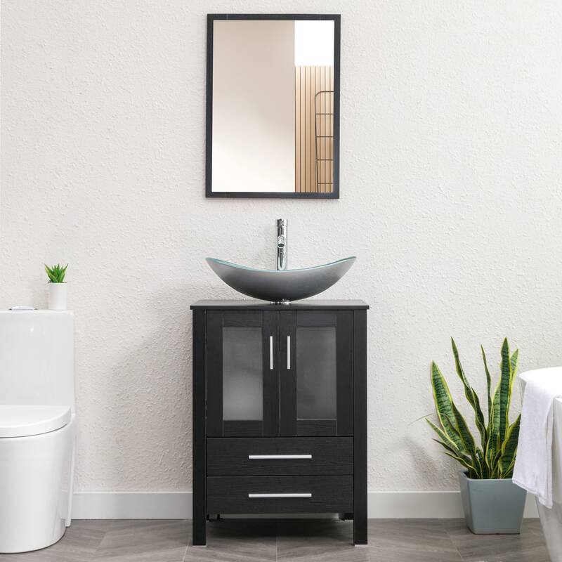 eclife 24" Classical Bathroom Vanity Set with Tempered Glass Vessel Sink Oil Rubbed Bronze Faucet and Drain
