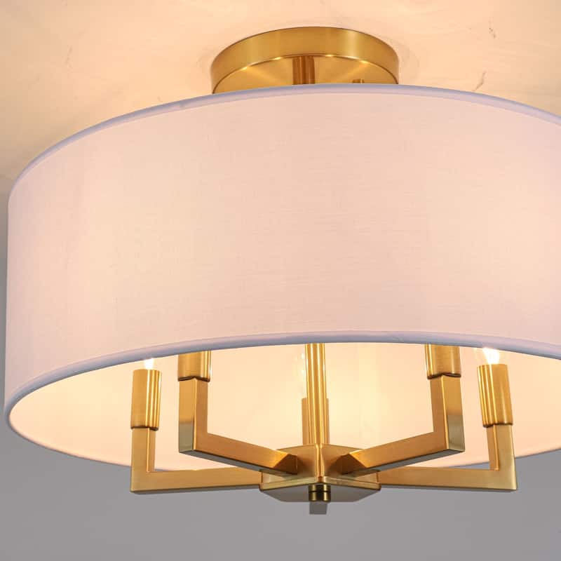 4-Light Mid-Century Modern Gold Semi-Flush Mount Light with White Drum Shade for Bedroom/Living Room