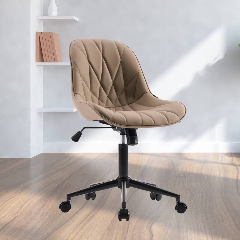 Armless Swivel Office Chair, Faux Leather Task Chairs with Wheels - Khaki