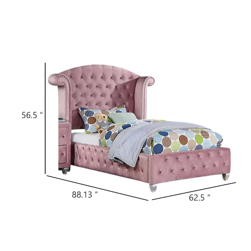 Zoha Twin Size Bed w Wingback Tufted Headboard, Cabriole Legs, Pink