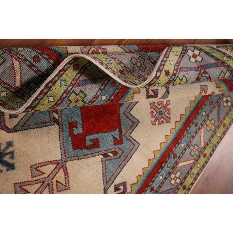 Ivory Geometric Kazak Oriental Foyer Rug Handmade Wool Carpet - 3'3" x 4'11"