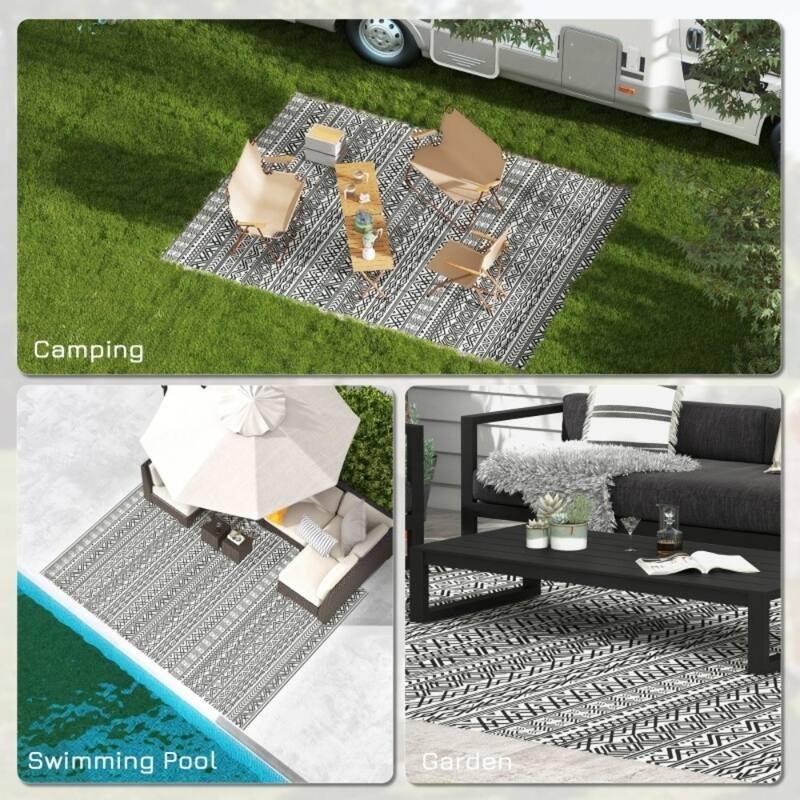 Reversible Outdoor Rug Boho Pattern, UV-Protected Foldable Polypropylene Mat with Carry Bag