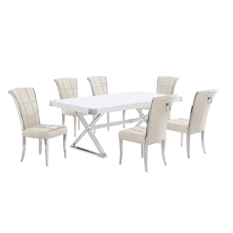 Best Quality Furniture D440/1-SC320-7 Dining Set 78" White Lacquer Wood Top