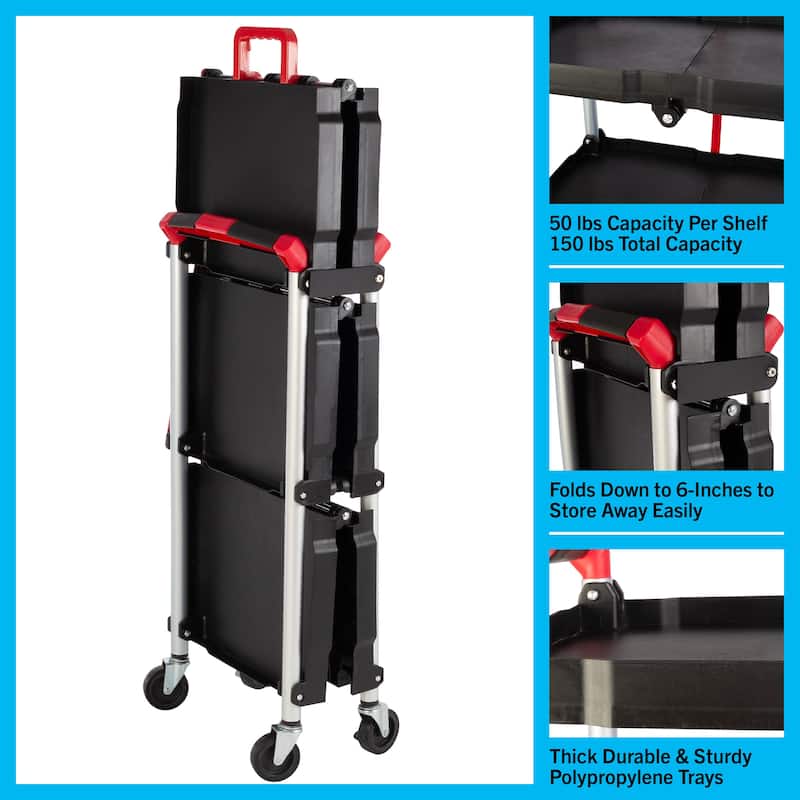 Collapsible Cart - Lightweight Folding Service Cart with 50lb Capacity Per Shelf - Foldable Cart with Wheels by Stalwart